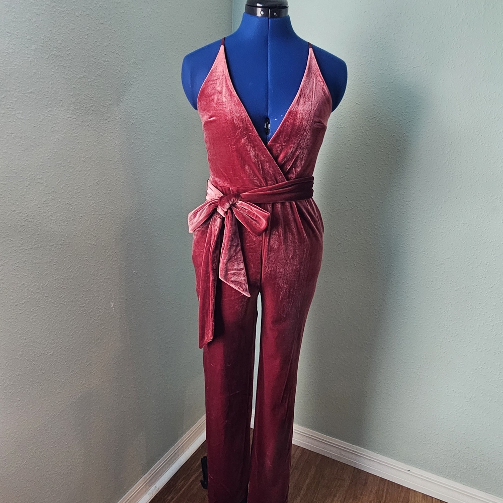 Express Velvet Jumpsuit in Deep Red